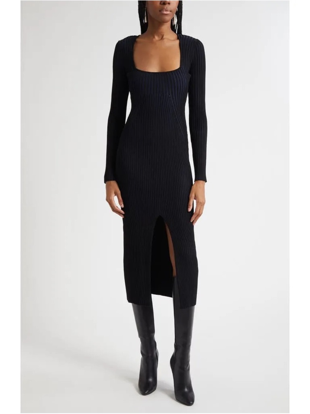 Ramy Brook Black Ribbed Long-Sleeve Midi Dress with Front Slit